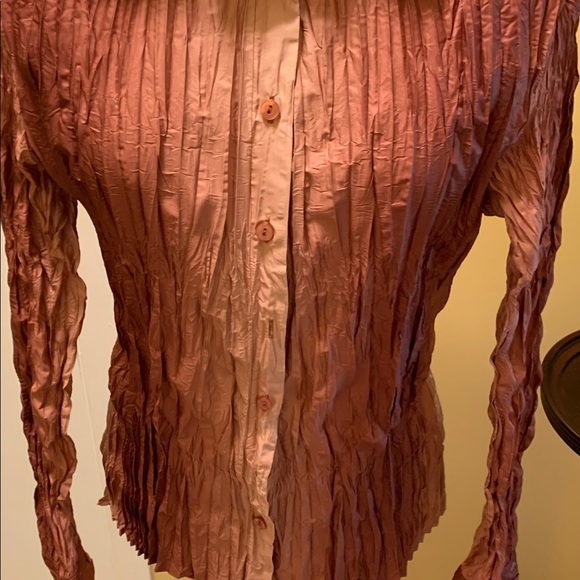 Puli Women’s Wrinkled Top Blouse Bronze shades Long Sleeves Button Down NWOT - Picture 4 of 10